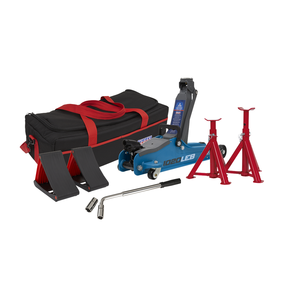 1020LEBBAGCOMBO Low Entry Short Chassis Trolley Jack & Accessories Bag Combo 2 Tonne - Blue