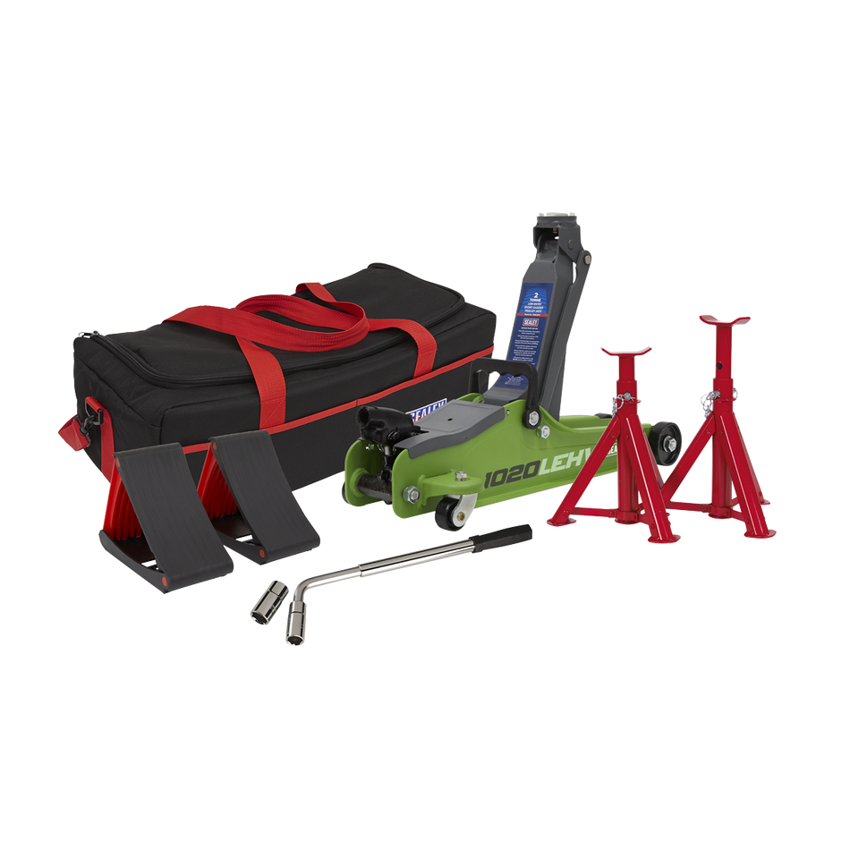 1020LEHVBAGCOMBO Low Entry Short Chassis Trolley Jack & Accessories Bag Combo 2 Tonne - Green