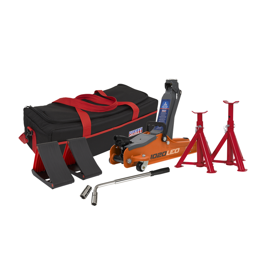 1020LEOBAGCOMBO Low Entry Short Chassis Trolley Jack & Accessories Bag Combo 2 Tonne - Orange