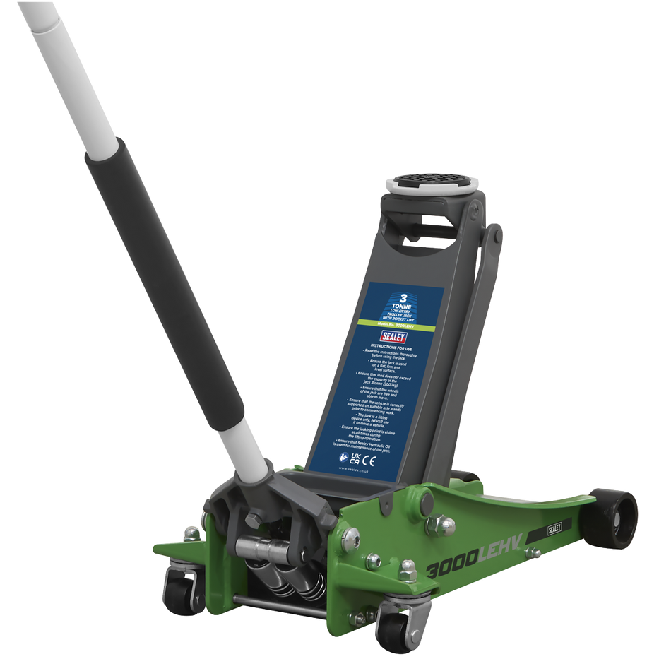 3000LEHV Low Profile Trolley Jack with Rocket Lift 3 Tonne - Green