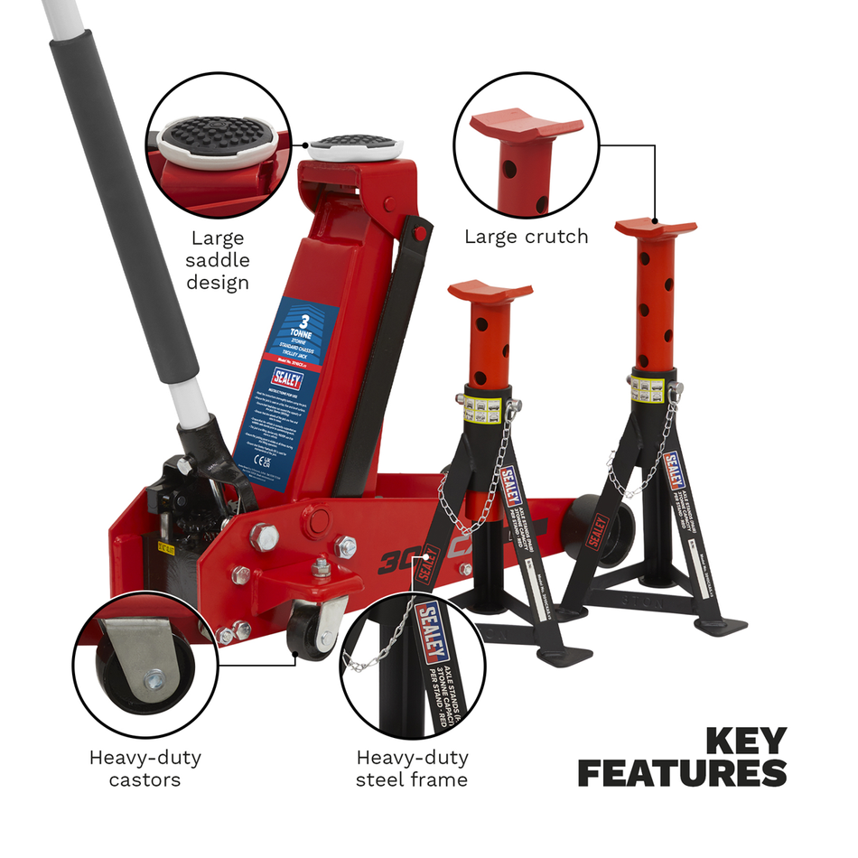3010CX Standard Chassis Trolley Jack 3 Tonne with Axle Stands (Pair) 3 Tonne Capacity per Stand