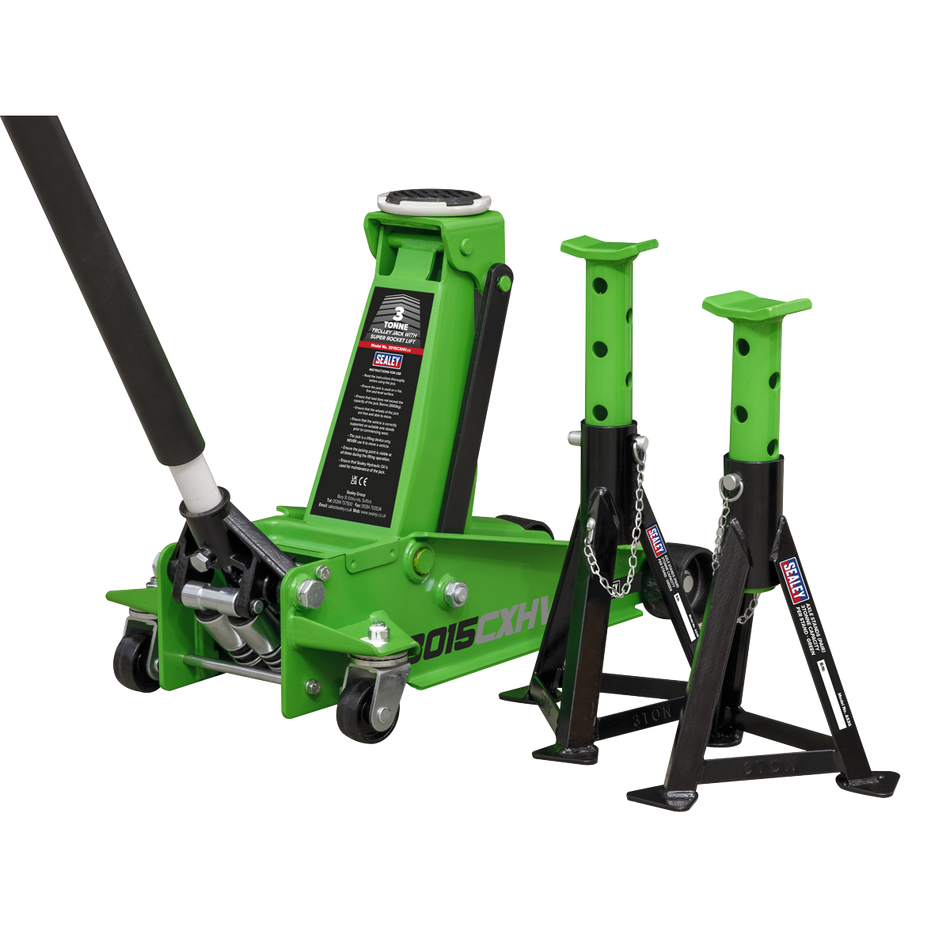 3015CXHV Trolley Jack with Super Rocket Lift 3 Tonne & Axle Stands (Pair) 3 Tonne Capacity per Stand - Green