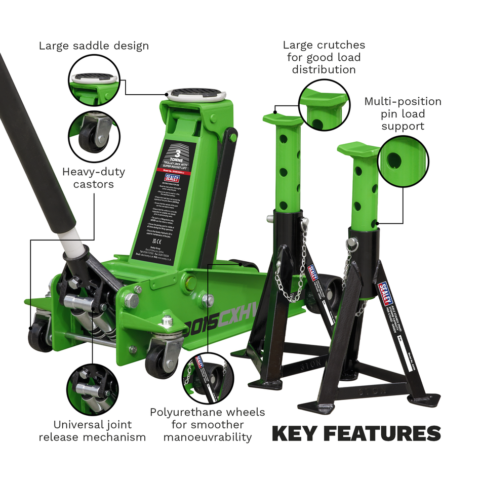 3015CXHV Trolley Jack with Super Rocket Lift 3 Tonne & Axle Stands (Pair) 3 Tonne Capacity per Stand - Green