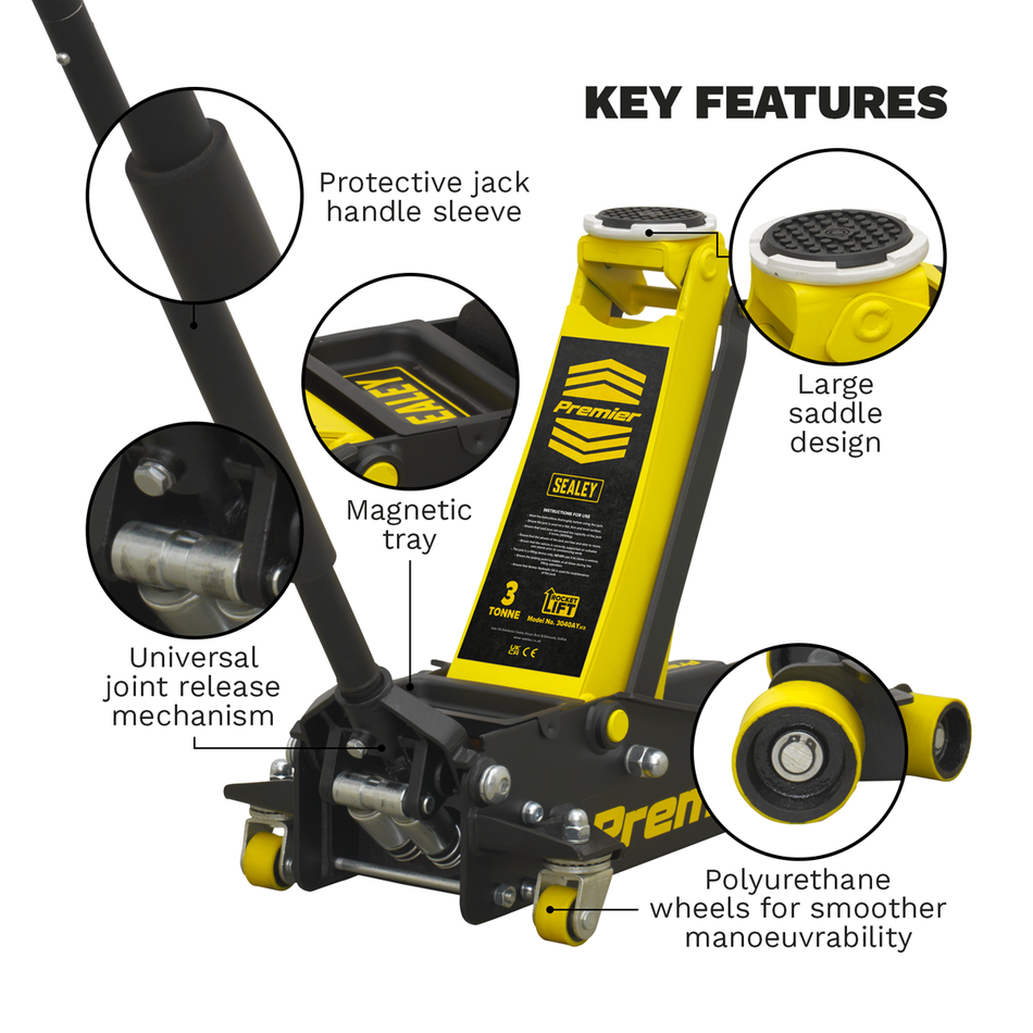 3040AY Premier Low Profile Trolley Jack with Rocket Lift 3 Tonne - Yellow