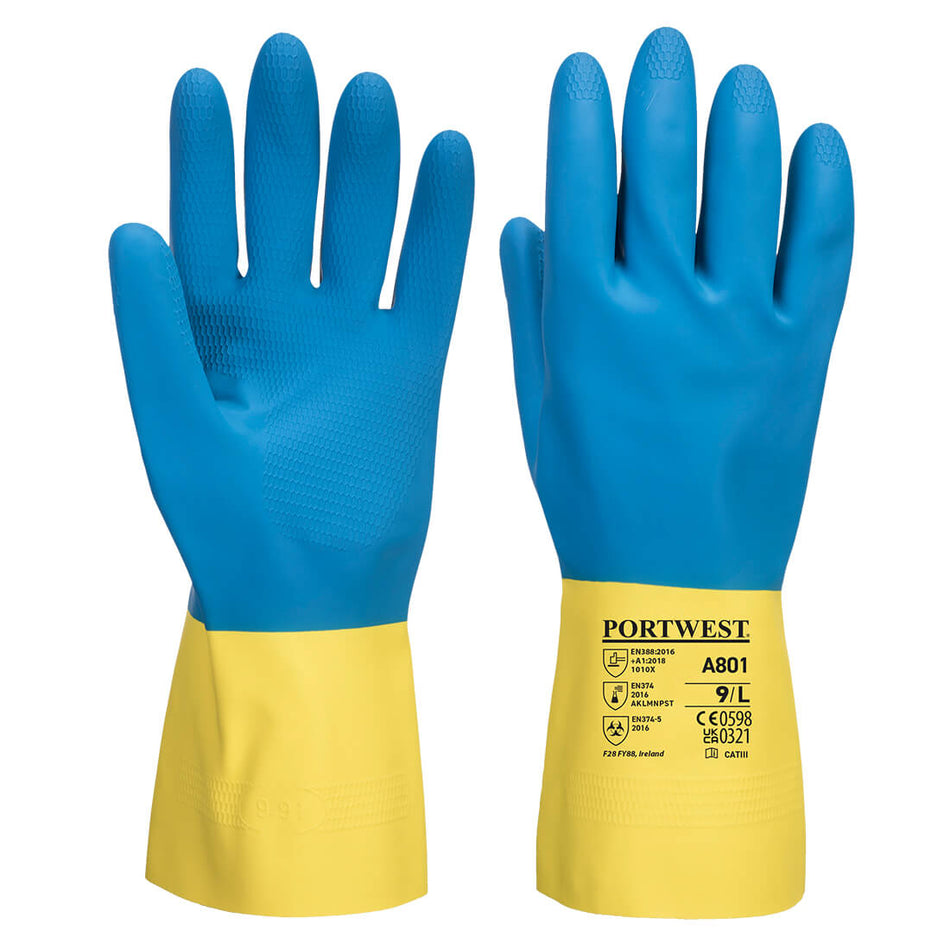A801 Chem 300 Latex Double Dipped Gauntlet XL Yellow/Blue
