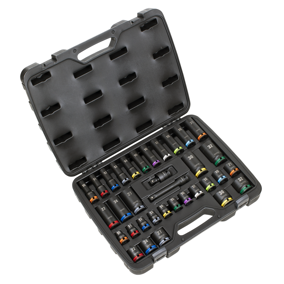 AK5636M Lock-On Standard & Deep Impact Socket Set 34pc 1/2"Sq Drive 6pt Metric
