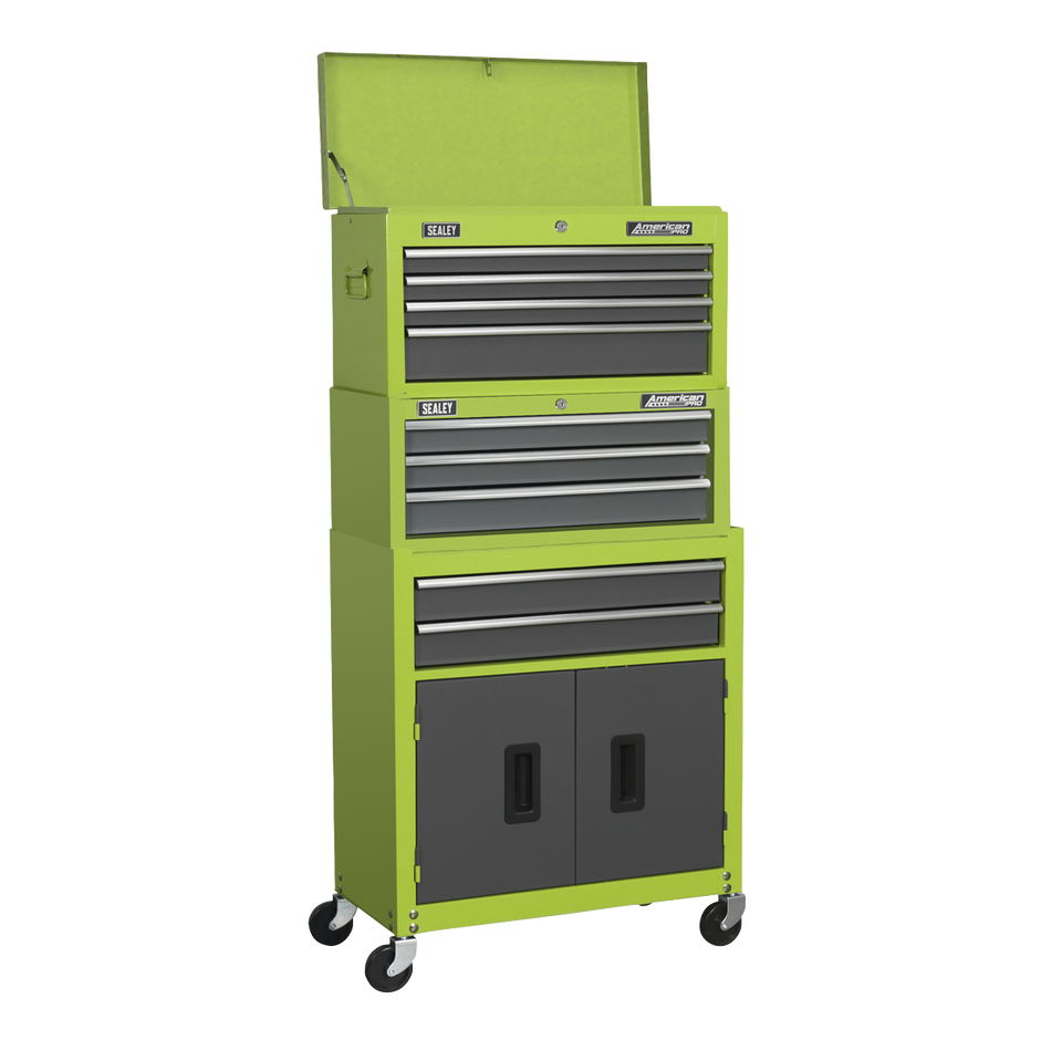 AP2200BBHVSTACK Topchest, Mid-Box Tool Chest & Rollcab 9 Drawer Stack - Green
