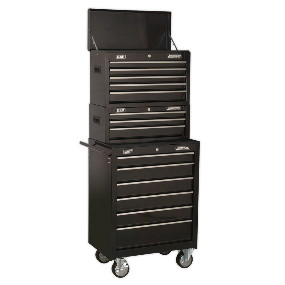 AP22BSTACK Topchest, Mid-Box Tool Chest & Rollcab Stack 14 Drawer - Black