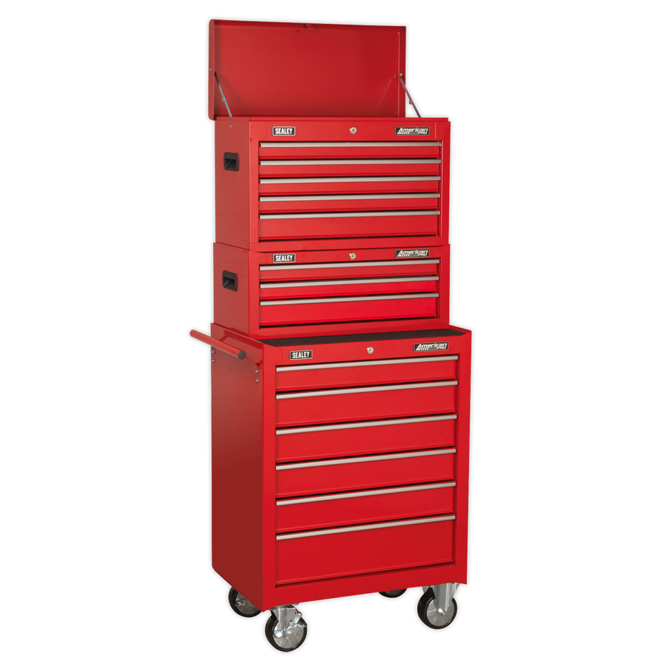 AP22STACK Topchest, Mid-Box Tool Chest & Rollcab Stack 14 Drawer - Red