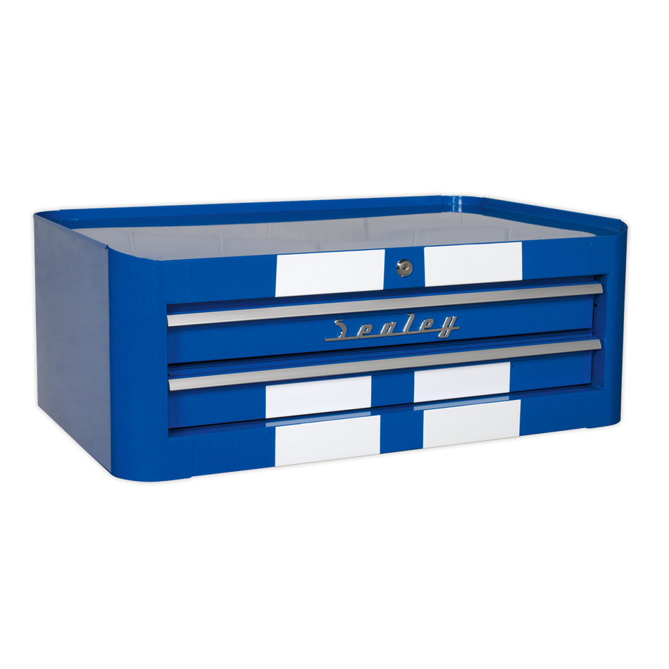 AP28102BWS Premier Retro Style Mid-Box Tool Chest 2 Drawer - Blue with White Stripes
