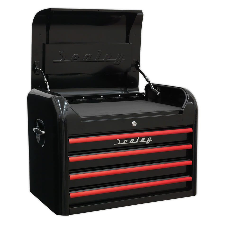 AP28104BR Premier Retro Style Topchest 4 Drawer - Black with Red Anodised Drawer Pulls