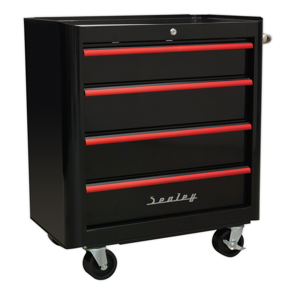 AP28204BR Premier Retro Style Rollcab 4 Drawer - Black with Red Anodised Drawer Pulls