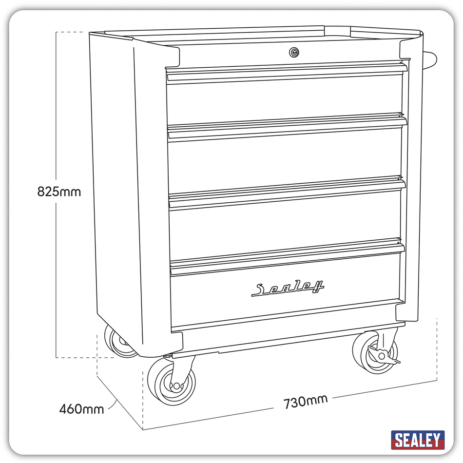 AP28204BR Premier Retro Style Rollcab 4 Drawer - Black with Red Anodised Drawer Pulls