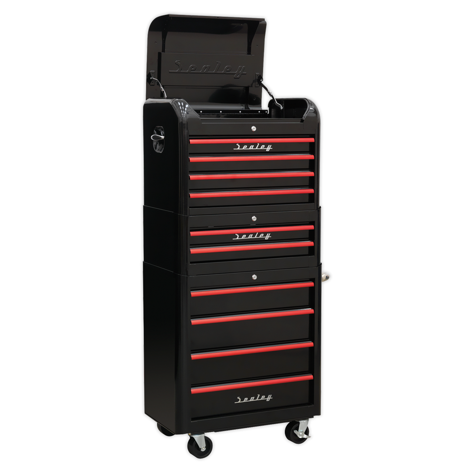 AP28COMBO2BR Premier Retro Style Topchest Mid-Box Tool Chest & Rollcab Combination 10 Drawer - Black with Red Anodised Drawer Pulls