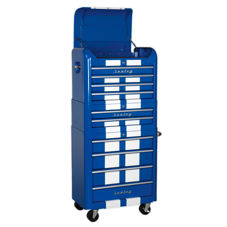 AP28COMBO2BWS Premier Retro Style Topchest Mid-Box Tool Chest & Rollcab Combination 10 Drawer - Blue with White Stripes