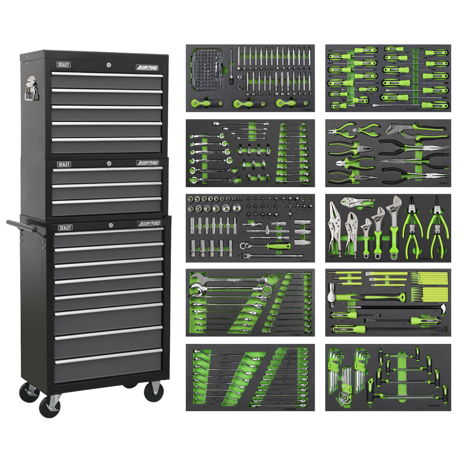 AP35TBCOMBO Tool Chest Combination 16 Drawer with Ball-Bearing Slides - Black/Grey & 398pc Tool Kit