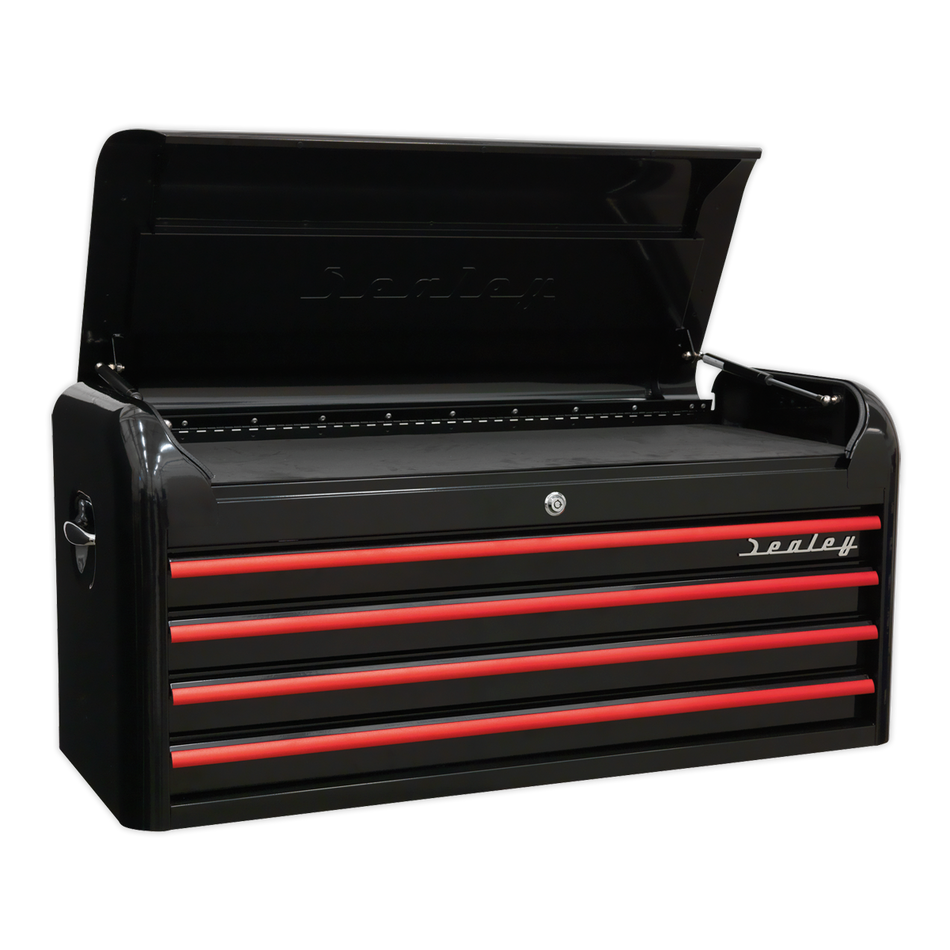 AP41104BR Premier Retro Style Wide Topchest 4 Drawer - Black with Red Anodised Drawer Pulls