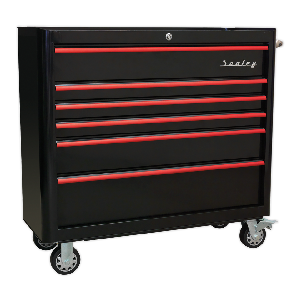 AP41206BR Premier Retro Style Wide Rollcab 6 Drawer - Black with Red Anodised Drawer Pulls
