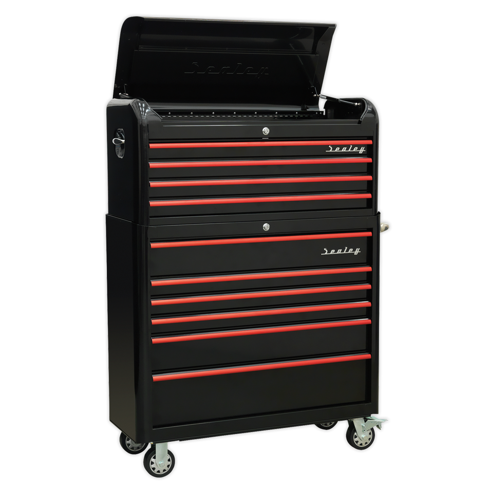 AP41COMBOBR Premier Retro Style Wide Topchest & Rollcab Combination 10 Drawer - Black with Red Anodised Drawer Pulls