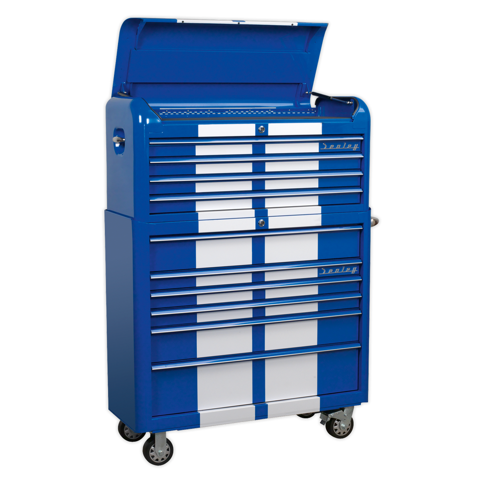 AP41COMBOBWS Premier Retro Style Wide Topchest & Rollcab Combination 10 Drawer Blue with White Stripes