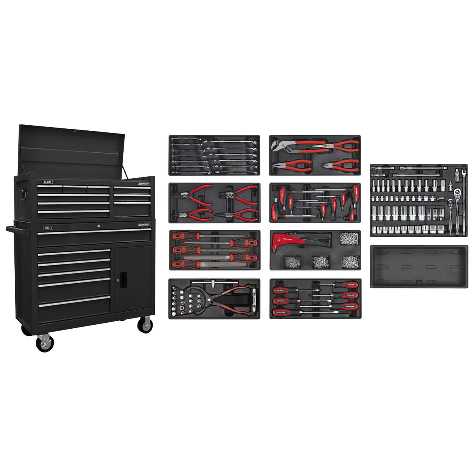 AP41STACKBCOMBO American PRO Topchest & Rollcab Combination 15 Drawer with 117pc Tool Kit - Black