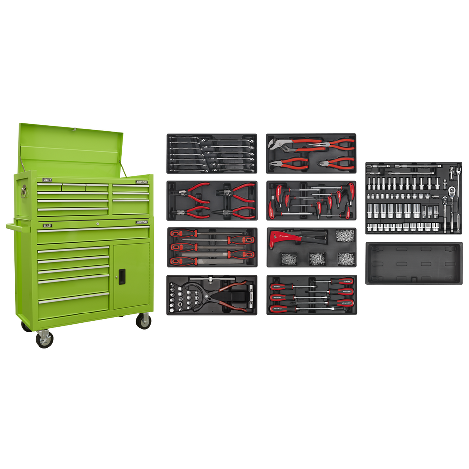 AP41STACKHVCOMBO American PRO Topchest & Rollcab Combination 15 Drawer with 117pc Tool Kit- Green
