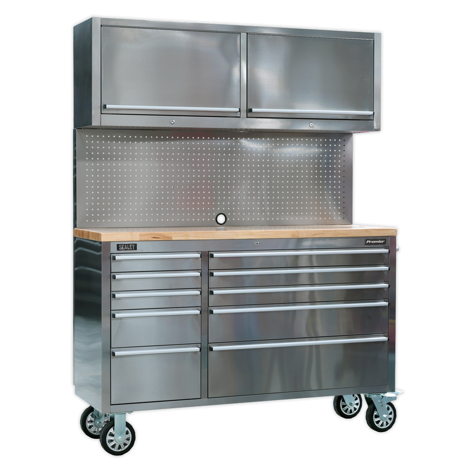 AP5520SS Premier Mobile Stainless Steel Tool Cabinet 10 Drawer with Backboard & 2 Wall Cupboards