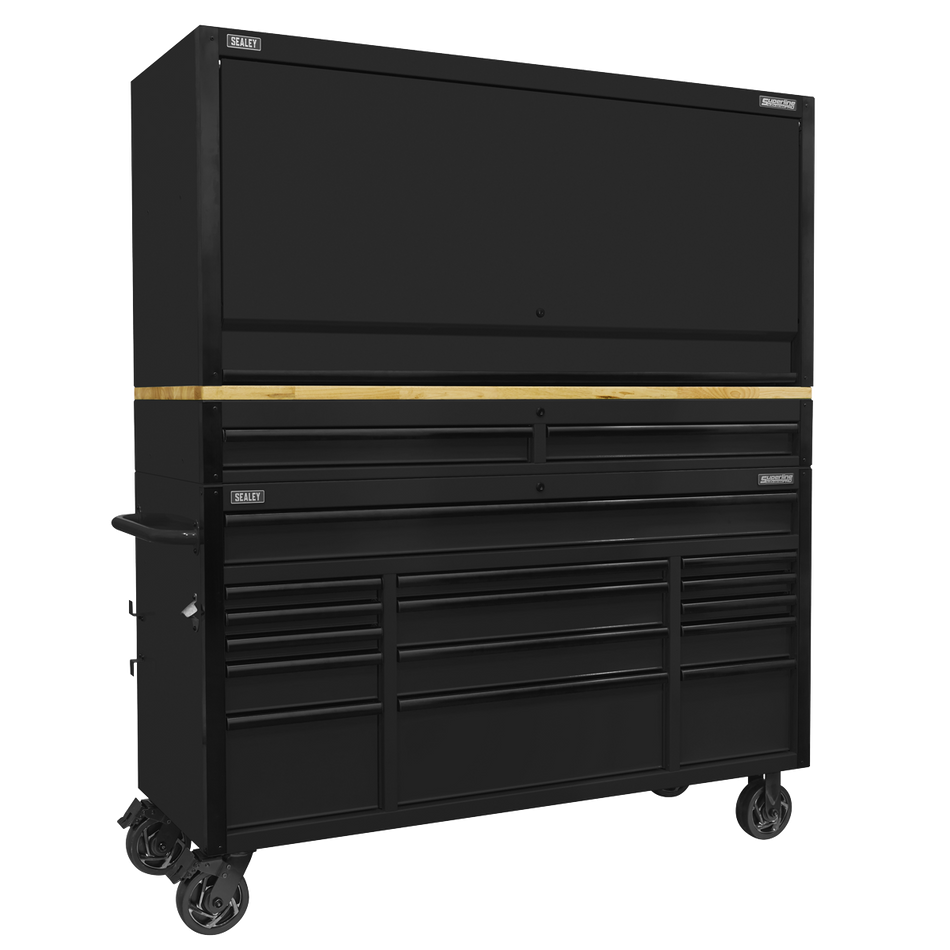 AP6215BECOMBO1 Superline PRO Black Edition Mobile Trolley with Wooden Worktop 15 Drawer Hutch & 2 Drawer Riser 1549mm