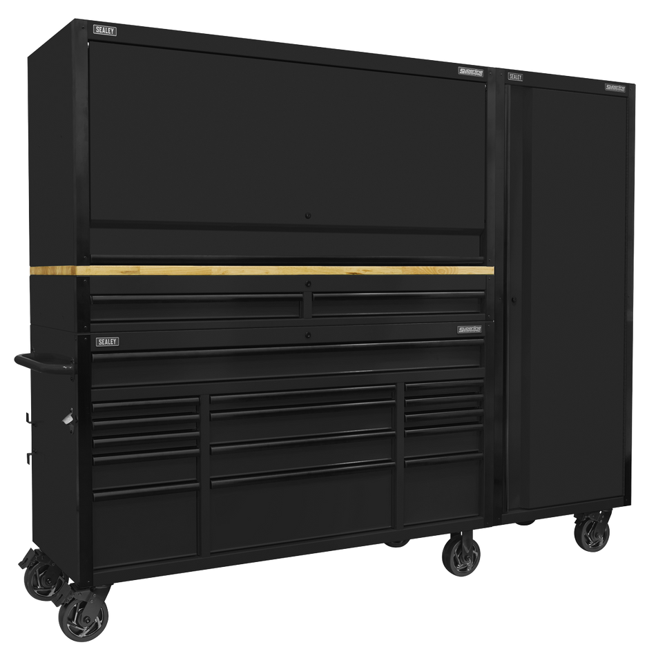 AP6215BECOMBO2 Superline PRO Black Edition Mobile Trolley with Wooden Worktop 15 Drawer Hutch 2 Drawer Riser & Side Locker 1549mm