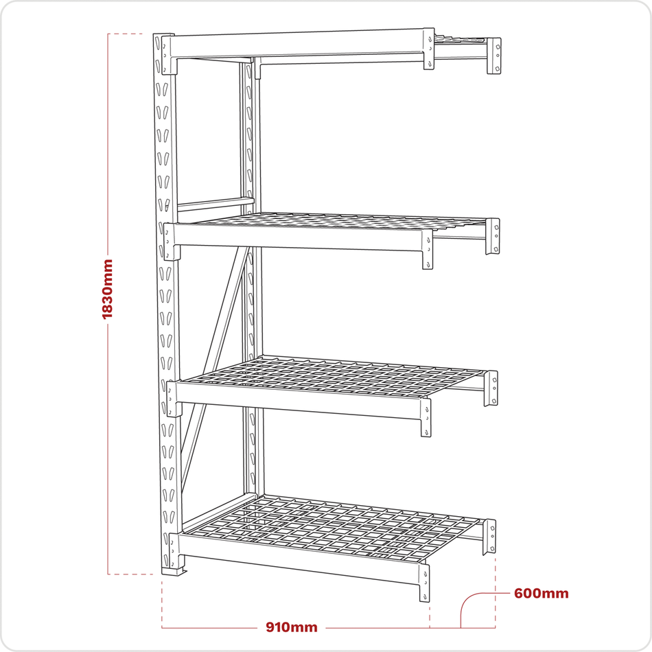 AP6372E Heavy-Duty Racking Extension Pack with 4 Mesh Shelves 640kg Capacity Per Level