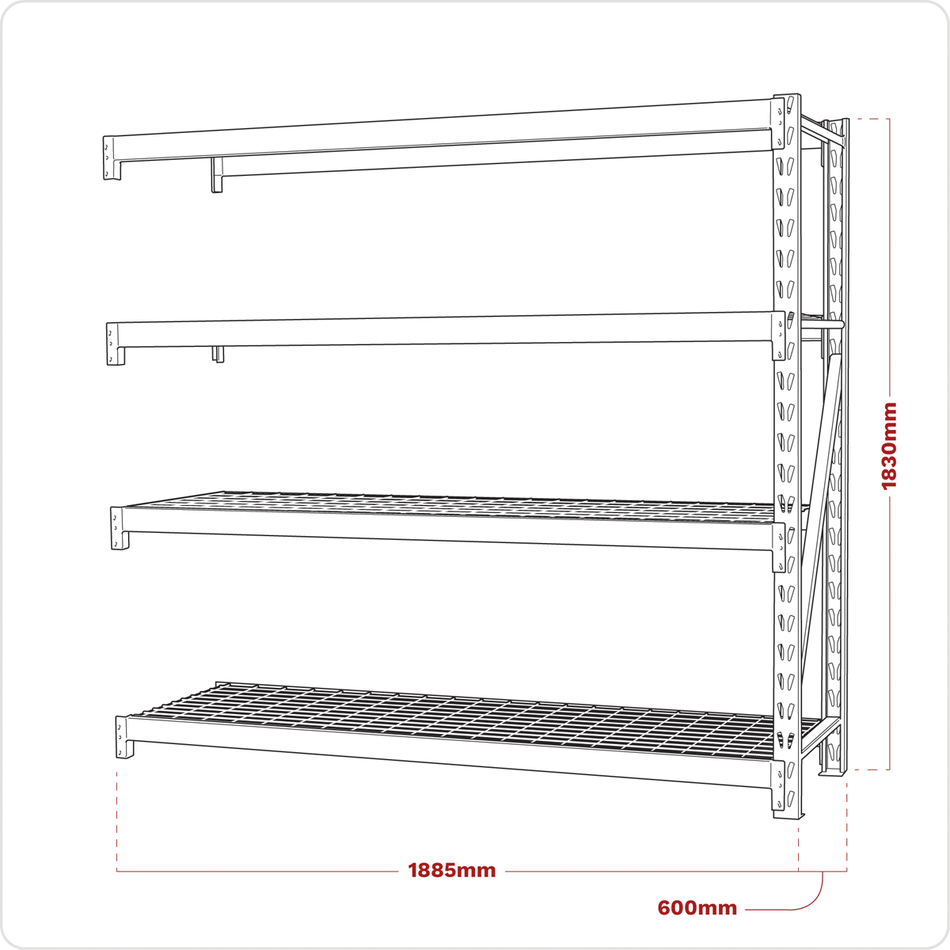 AP6572E Heavy-Duty Racking Extension Pack with 4 Mesh Shelves 640kg Capacity Per Level