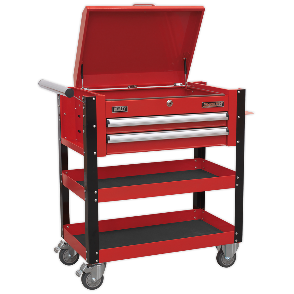 AP760M Superline PRO Heavy-Duty Mobile Tool & Parts Trolley with Lockable Top & 2 Drawers - Red