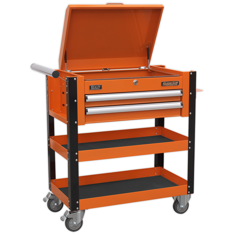 AP760MO Superline PRO Heavy-Duty Mobile Tool & Parts Trolley with Lockable Top & 2 Drawers - Orange