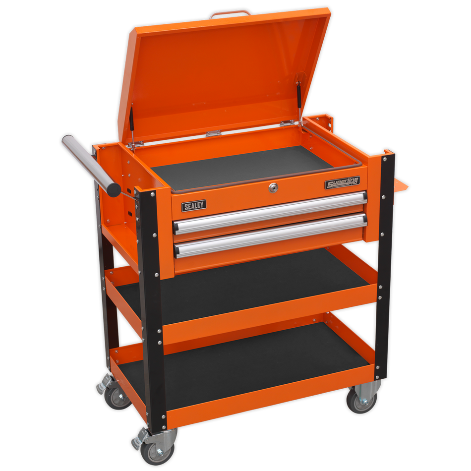 AP760MO Superline PRO Heavy-Duty Mobile Tool & Parts Trolley with Lockable Top & 2 Drawers - Orange