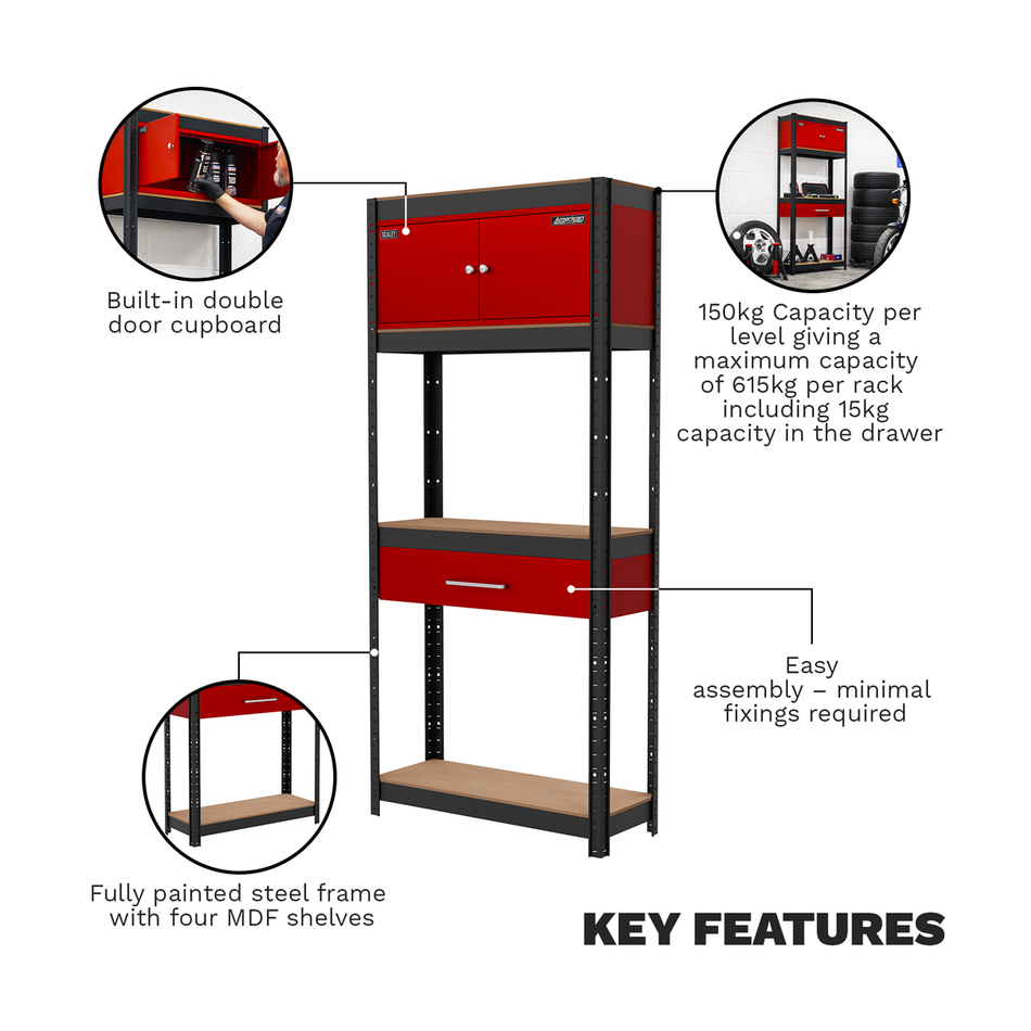 AP830R Shelving Unit 4-Tier with Cupboard & Drawer