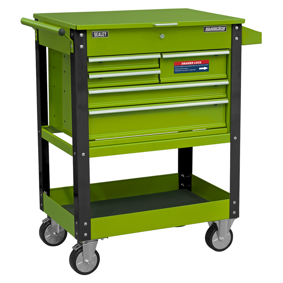 AP890MHV Superline PRO Heavy-Duty Mobile Tool & Parts Trolley with 5 Drawers and Lockable Top - Hi-Vis Green