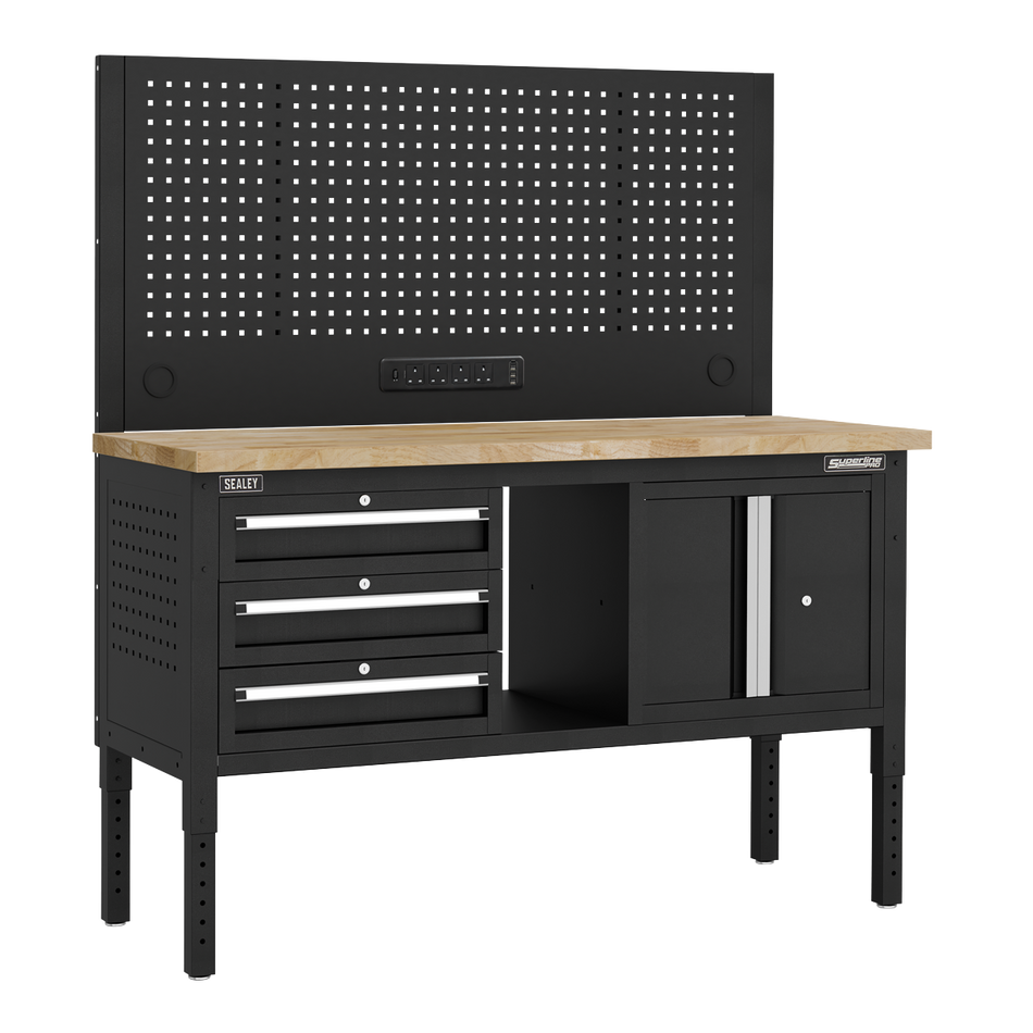APMWB60COMBO2W Superline PRO Modular Workbench with 3 Drawers & Cupboard Wooden Worktop 1525mm