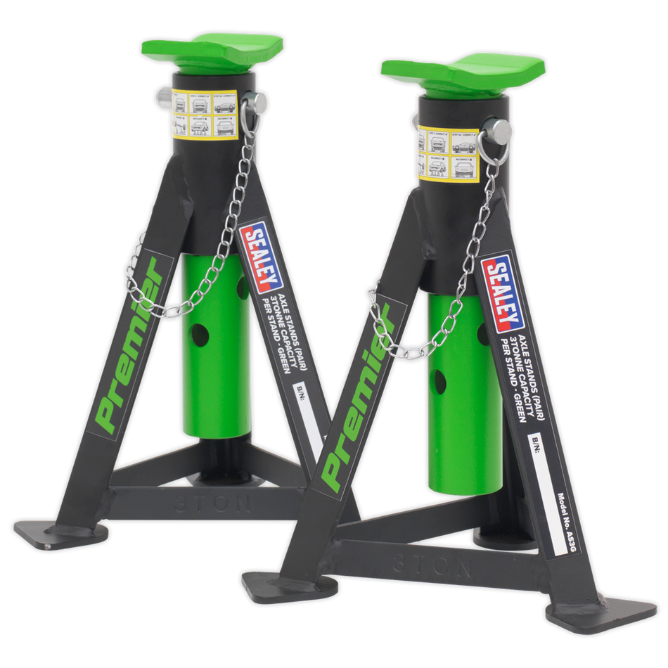 AS3G Premier Axle Stands (Pair) 3 Tonne Capacity per Stand - Green