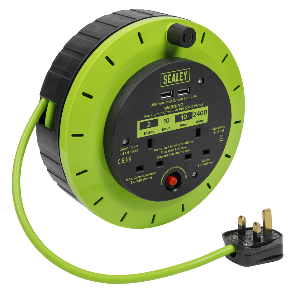BCR10G 10m Cassette Type Cable Reel with Thermal Trip 2 x 230V & 2 x USB - Hi-Vis Green