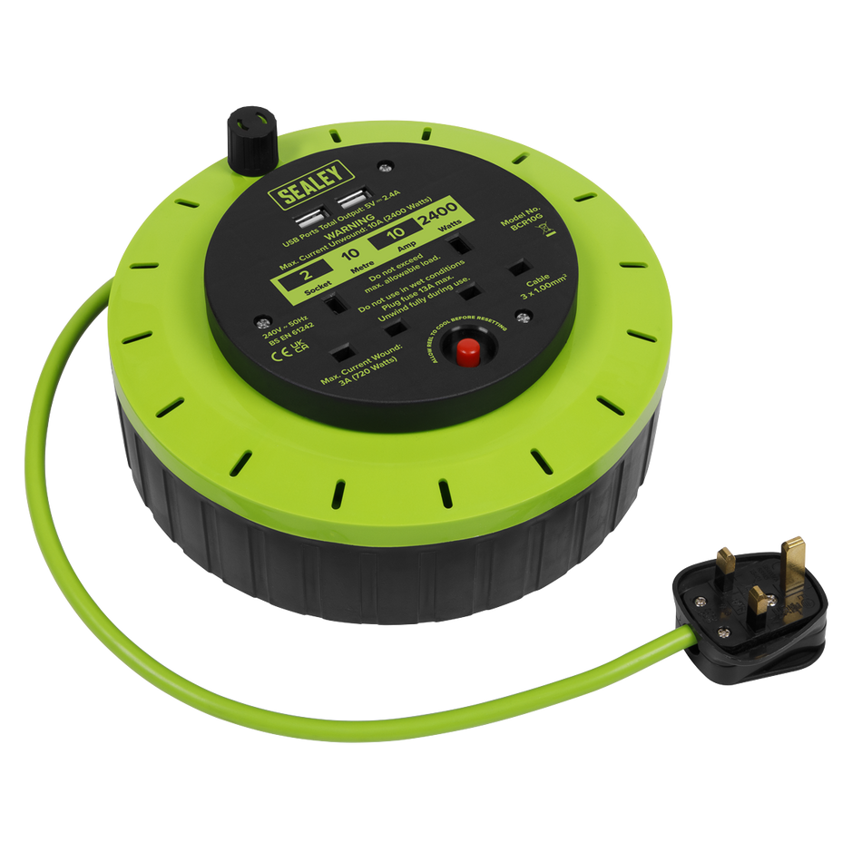 BCR10G 10m Cassette Type Cable Reel with Thermal Trip 2 x 230V & 2 x USB - Hi-Vis Green