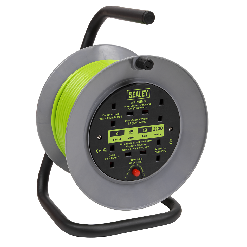 BCR153TG 15m Cable Reel with Thermal Trip 4 x 230V - Hi-Vis Green