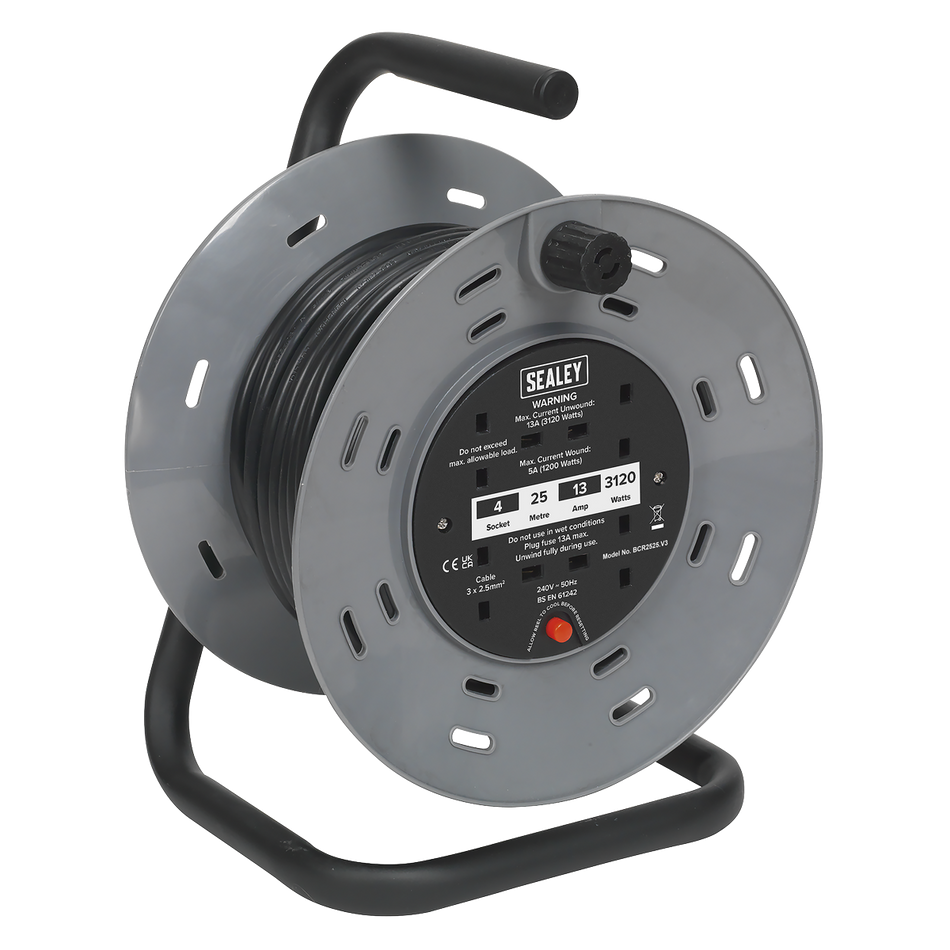 BCR2525 25m Cable Reel with Thermal Trip 4 x 230V
