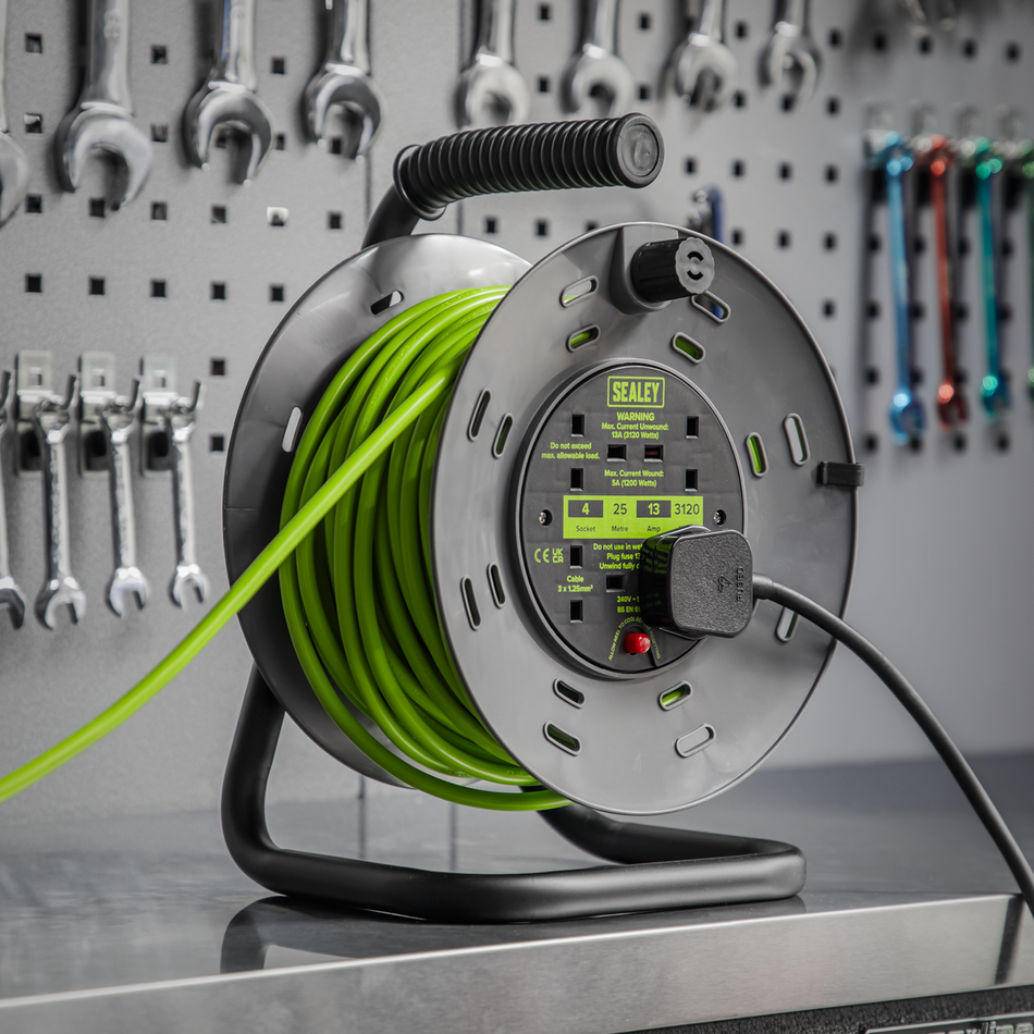 BCR25G 25m Cable Reel with Thermal Trip 4 x 230V - Hi-Vis Green