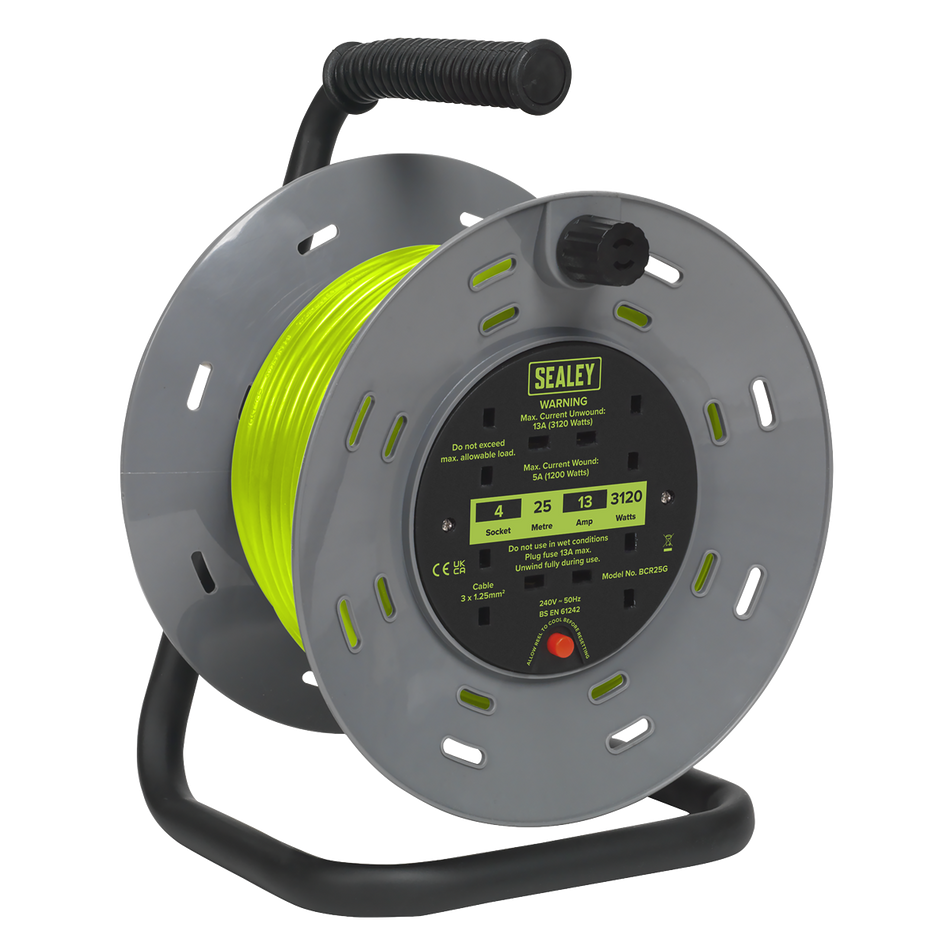 BCR25G 25m Cable Reel with Thermal Trip 4 x 230V - Hi-Vis Green