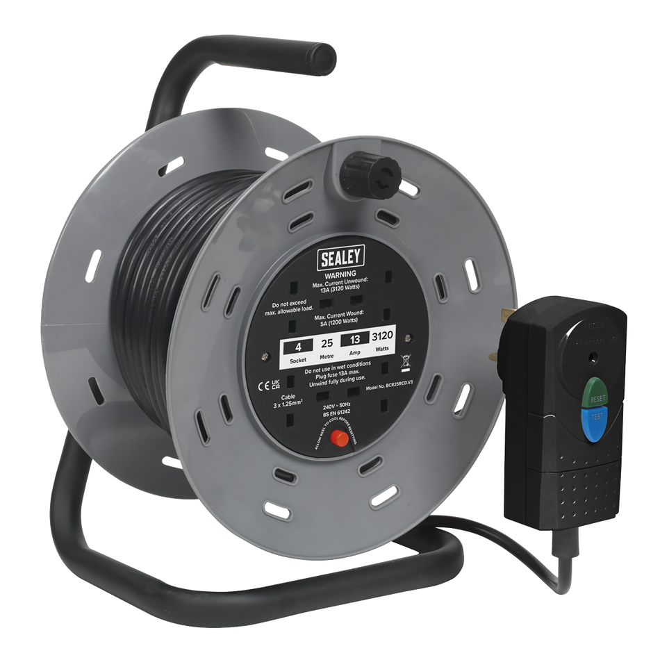 BCR25RCD 25m Cable Reel with Thermal Trip & RCD Plug 4 x 230V