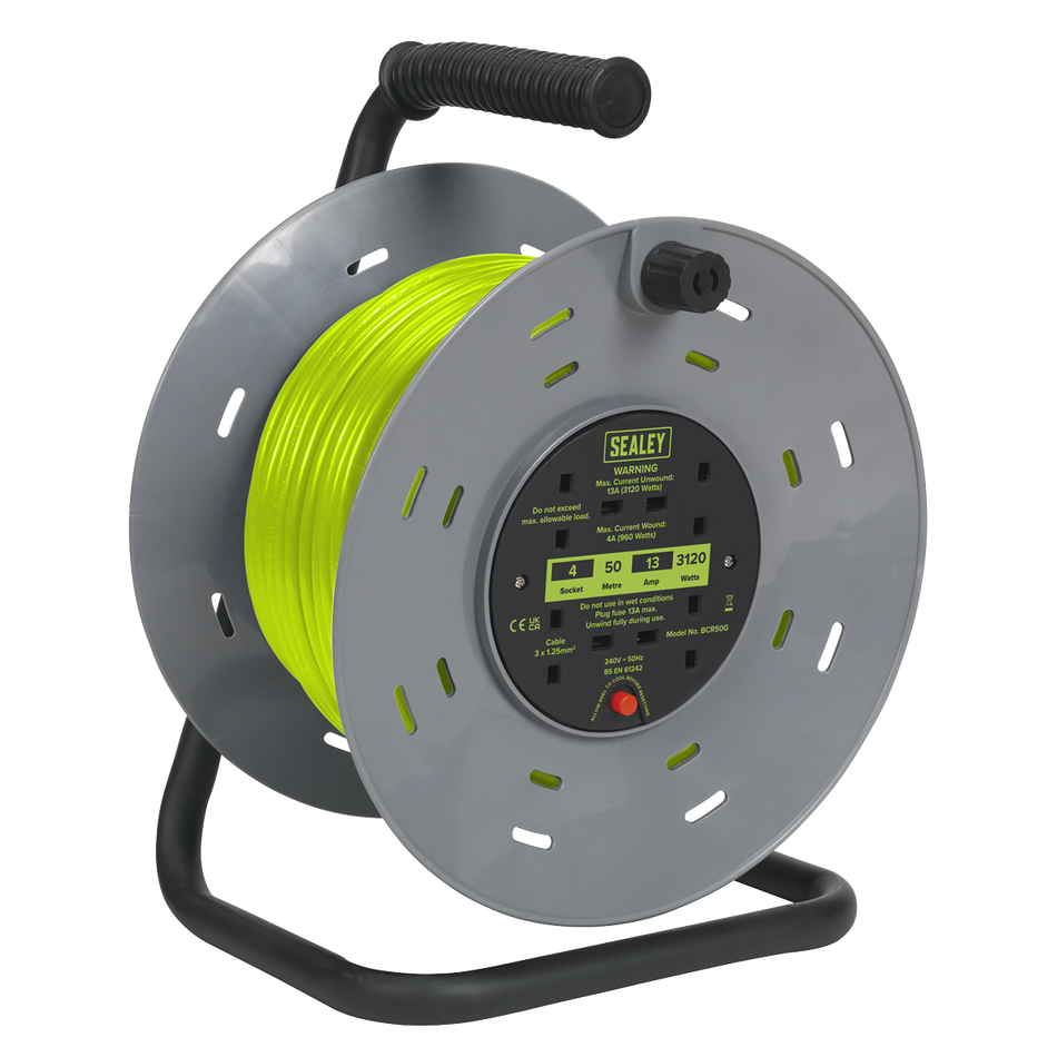 BCR50G 50m Cable Reel with Thermal Trip 4 x 230V - Hi-Vis Green