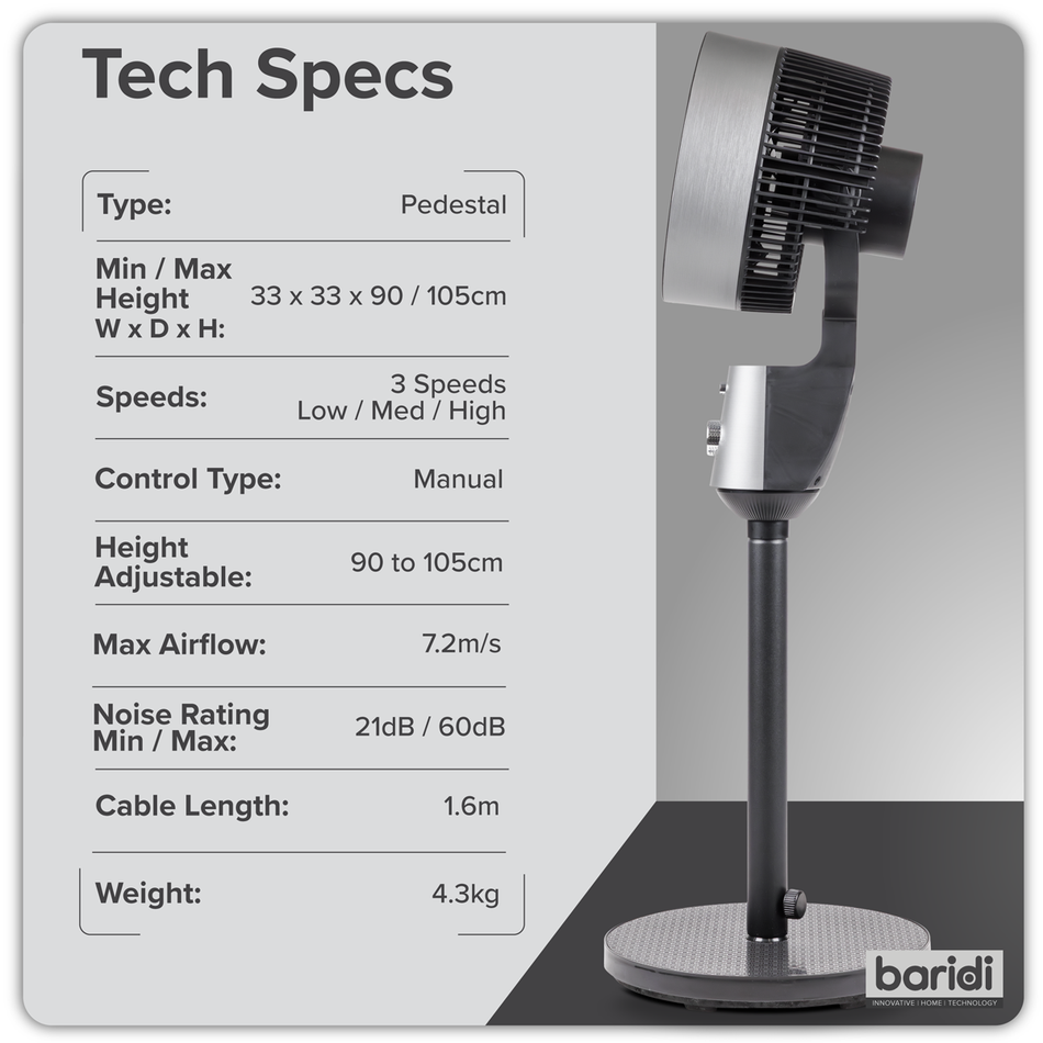 DH142 Baridi Pedestal Fan with Manual Control 10" - Grey