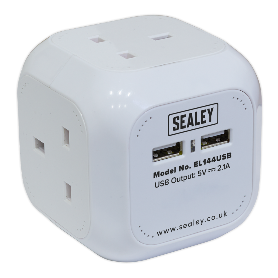 EL144USB 1.4m Extension Cable Cube 4 x 230V & 2 x USB - White