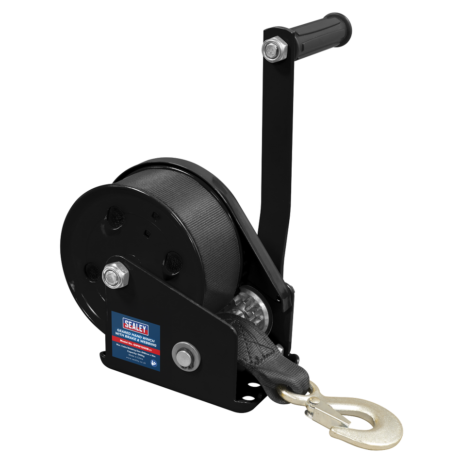 GWW1200B Geared Hand Winch with Brake & Webbing 540kg Capacity