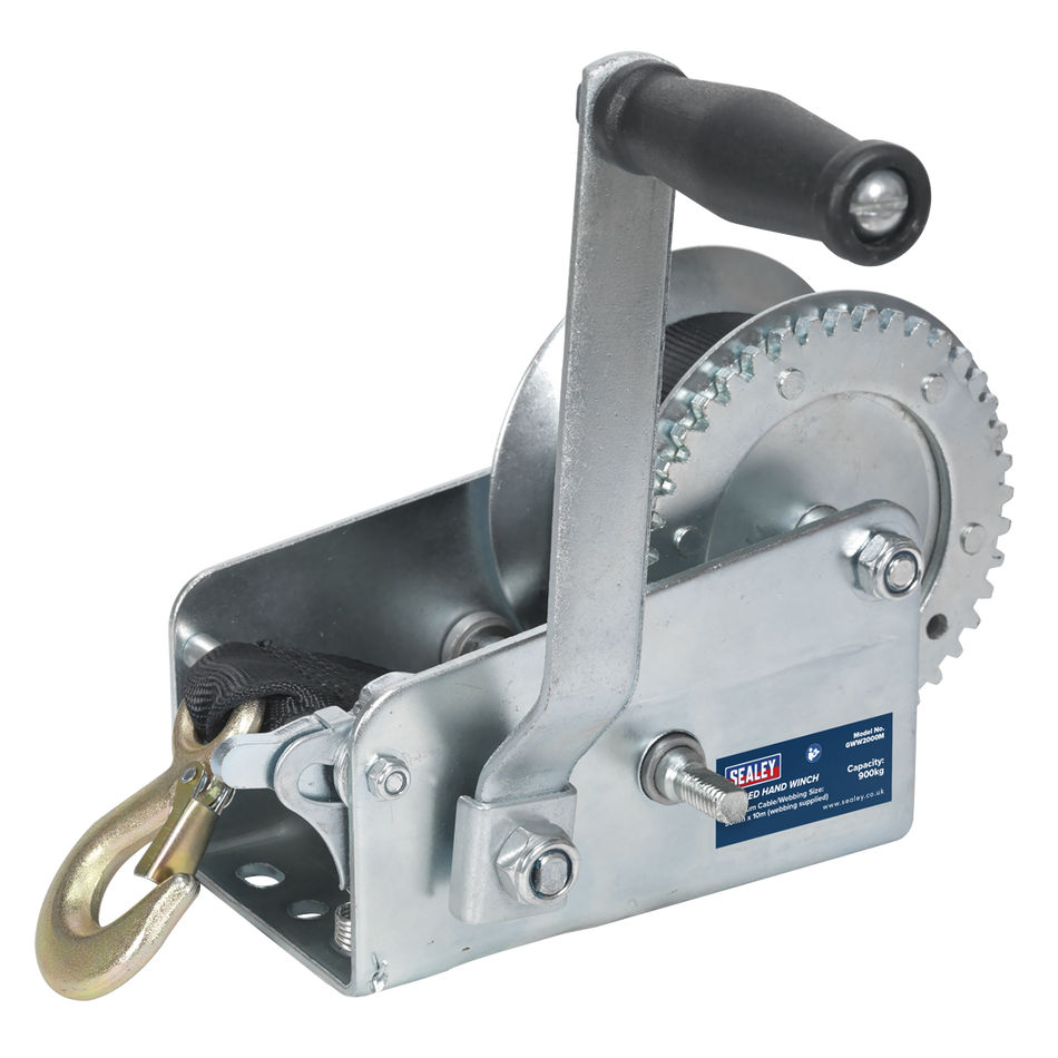 GWW2000M Geared Hand Winch with Webbing Strap 900kg Capacity